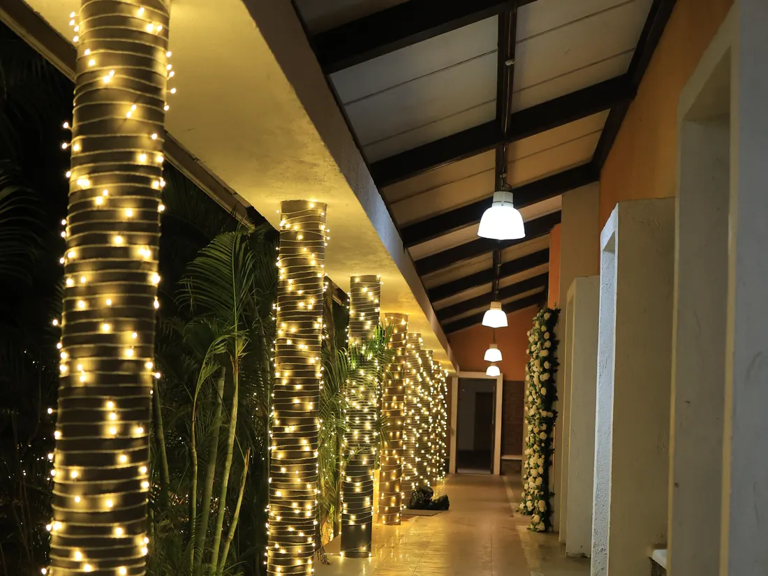Pillars along the colonnade at Nehamrit Farms wrapped in fairy lights